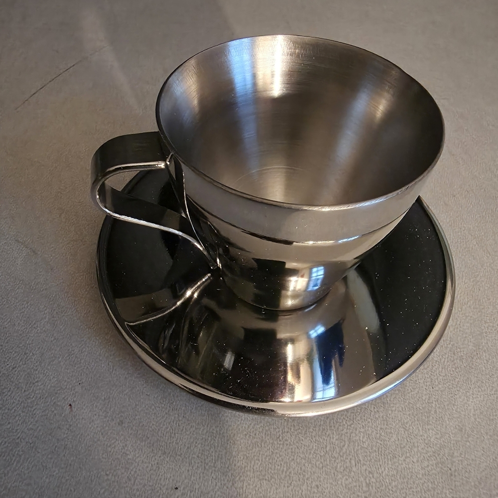 New IKEA 2 x KALASET 2oz Stainless Steel Insulated Espresso Cups/Saucers